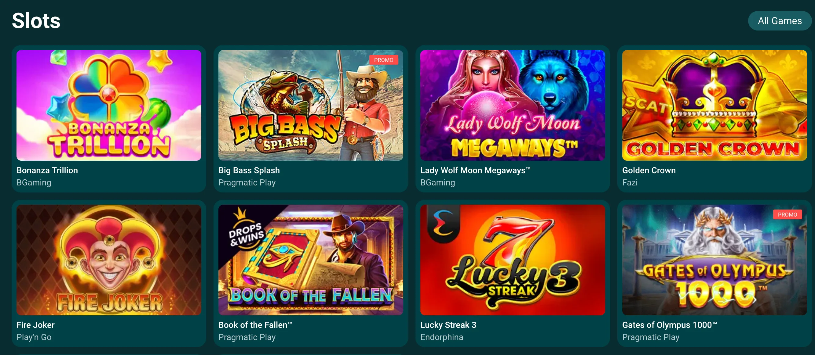 22Bit slots lobby with featured games and All Games button