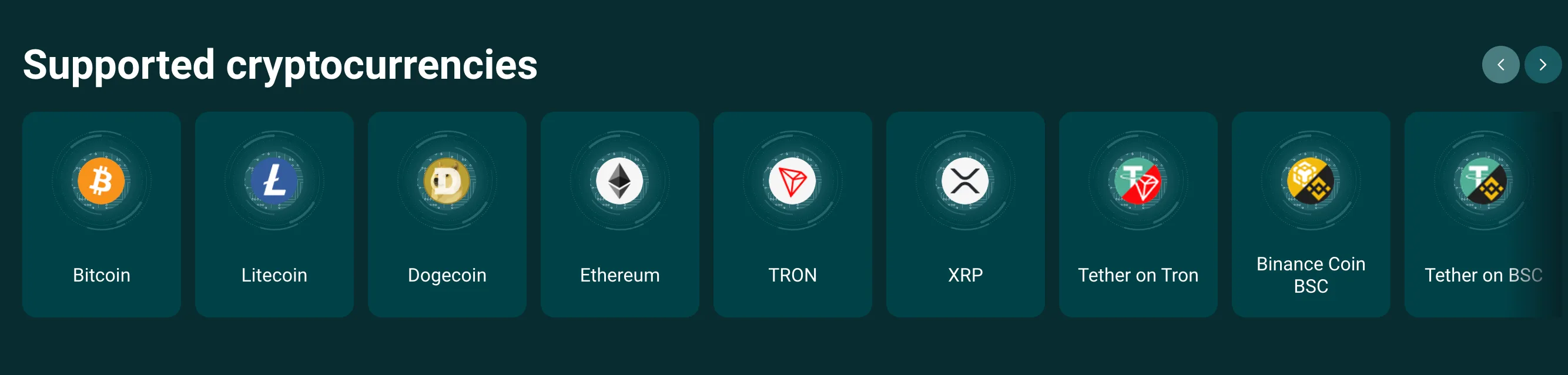 22Bit supported cryptocurrencies section with Bitcoin, Litecoin, Dogecoin, Ethereum, TRON, XRP, and Tether variants