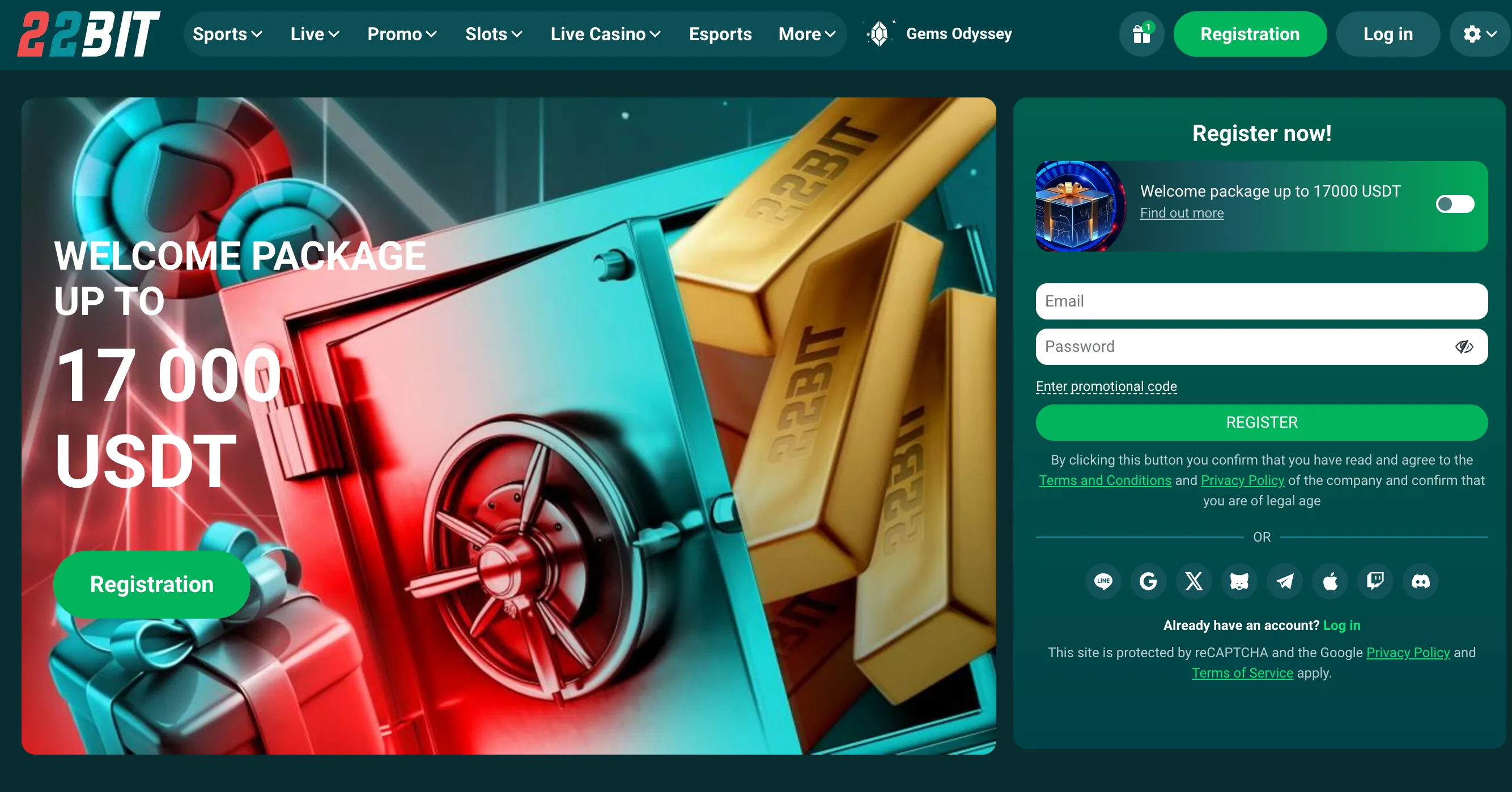 22Bit welcome package screen with registration panel
