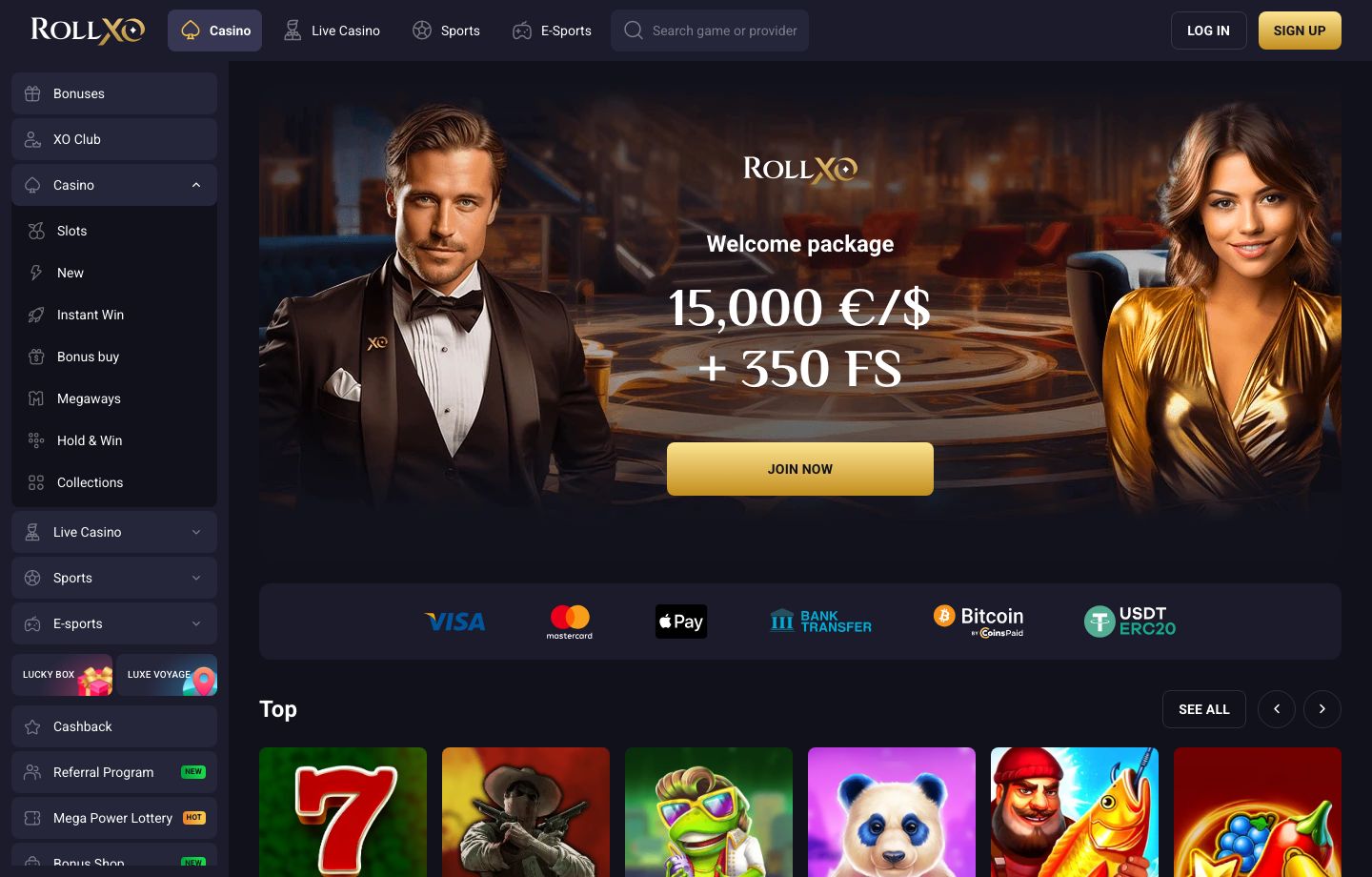 RollXO homepage showing the welcome hero, payment strip, and top games section