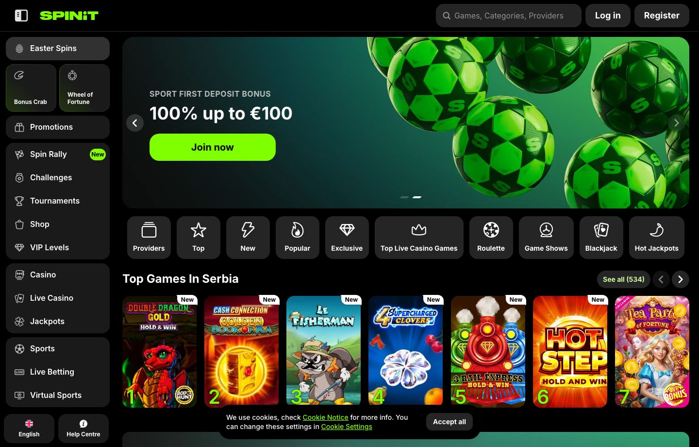 Spinit homepage showing the sportsbook hero, main navigation, and top games grid
