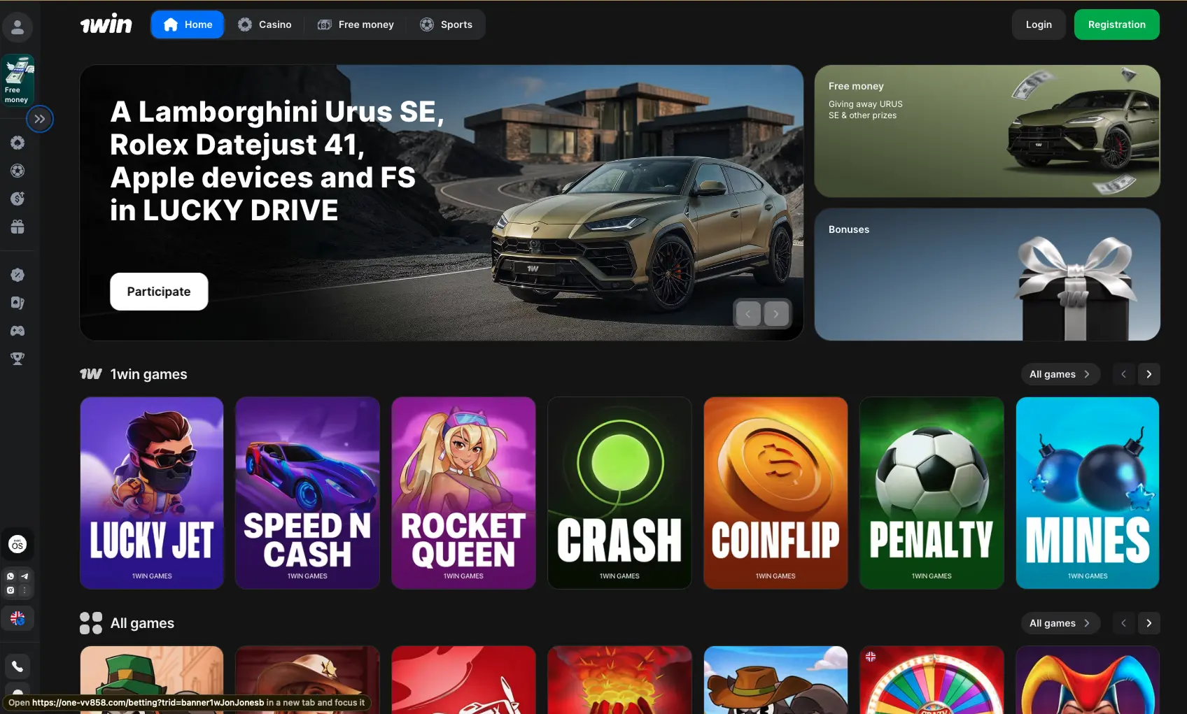 1win homepage screenshot with hero banner, registration button, and game grid below.