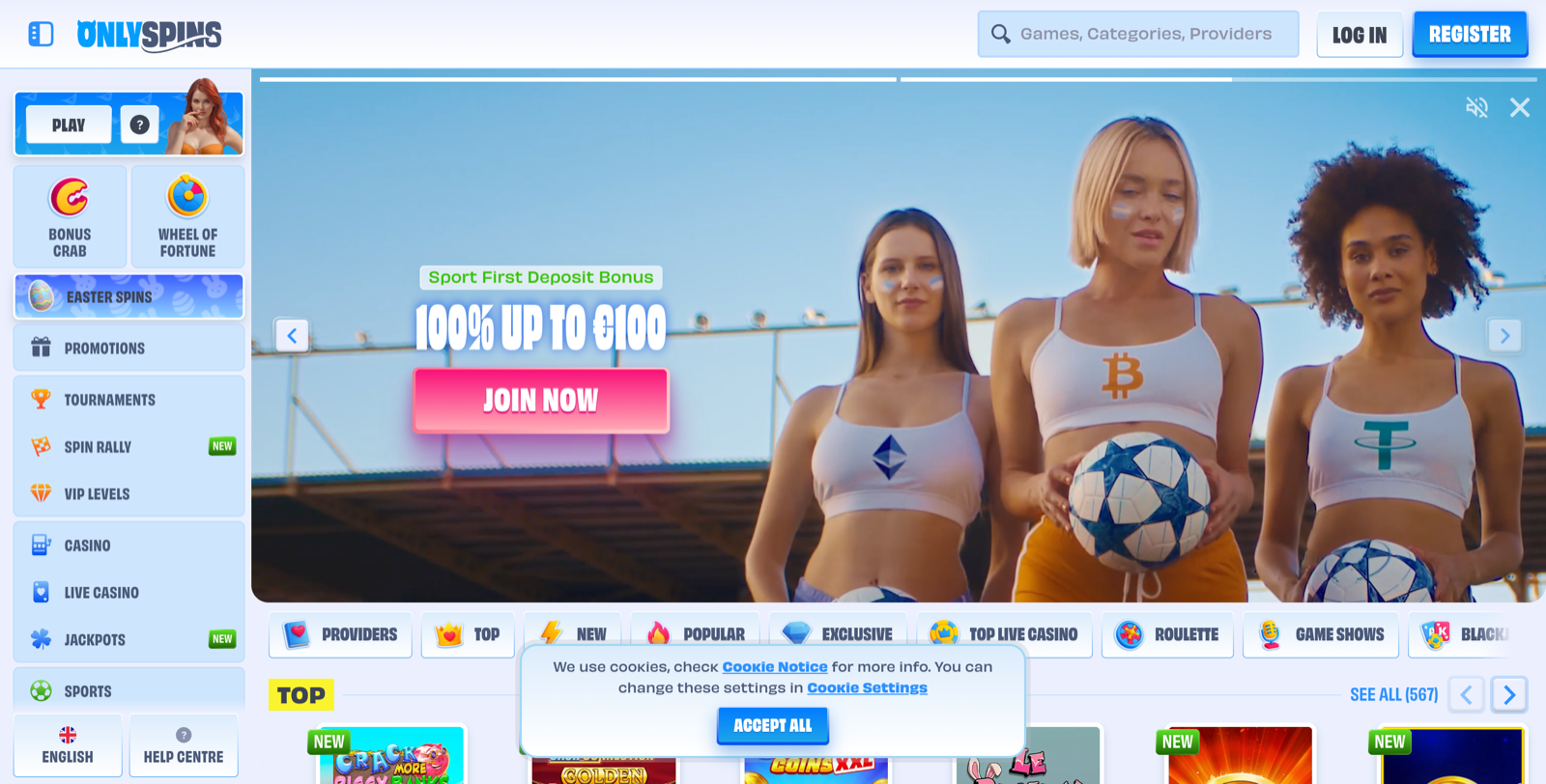 OnlySpins homepage with casino welcome bonus and game lobby.