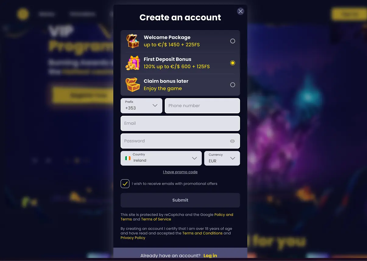 SlotsGem signup form showing the first deposit bonus of 120 percent up to 600 plus 125 free spins and an optional promo code link