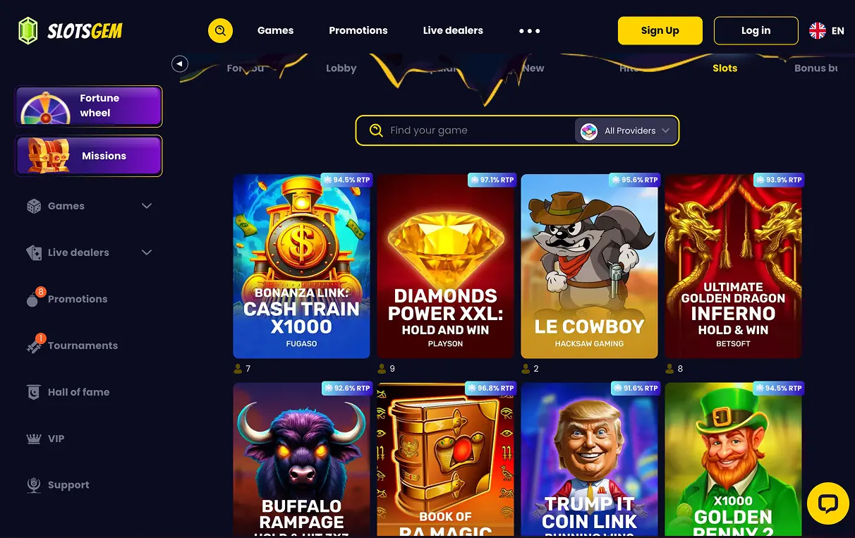 SlotsGem slots lobby with provider filter, search bar, and featured slot games on desktop