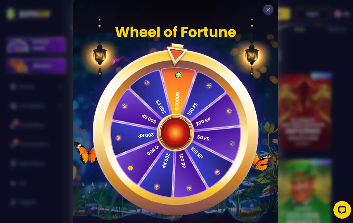 SlotsGem Wheel of Fortune promotional feature with free spins, cash, and reward point segments