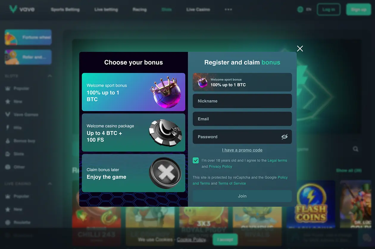 Vave signup panel showing sport and casino bonus choices, registration form, and promo code link