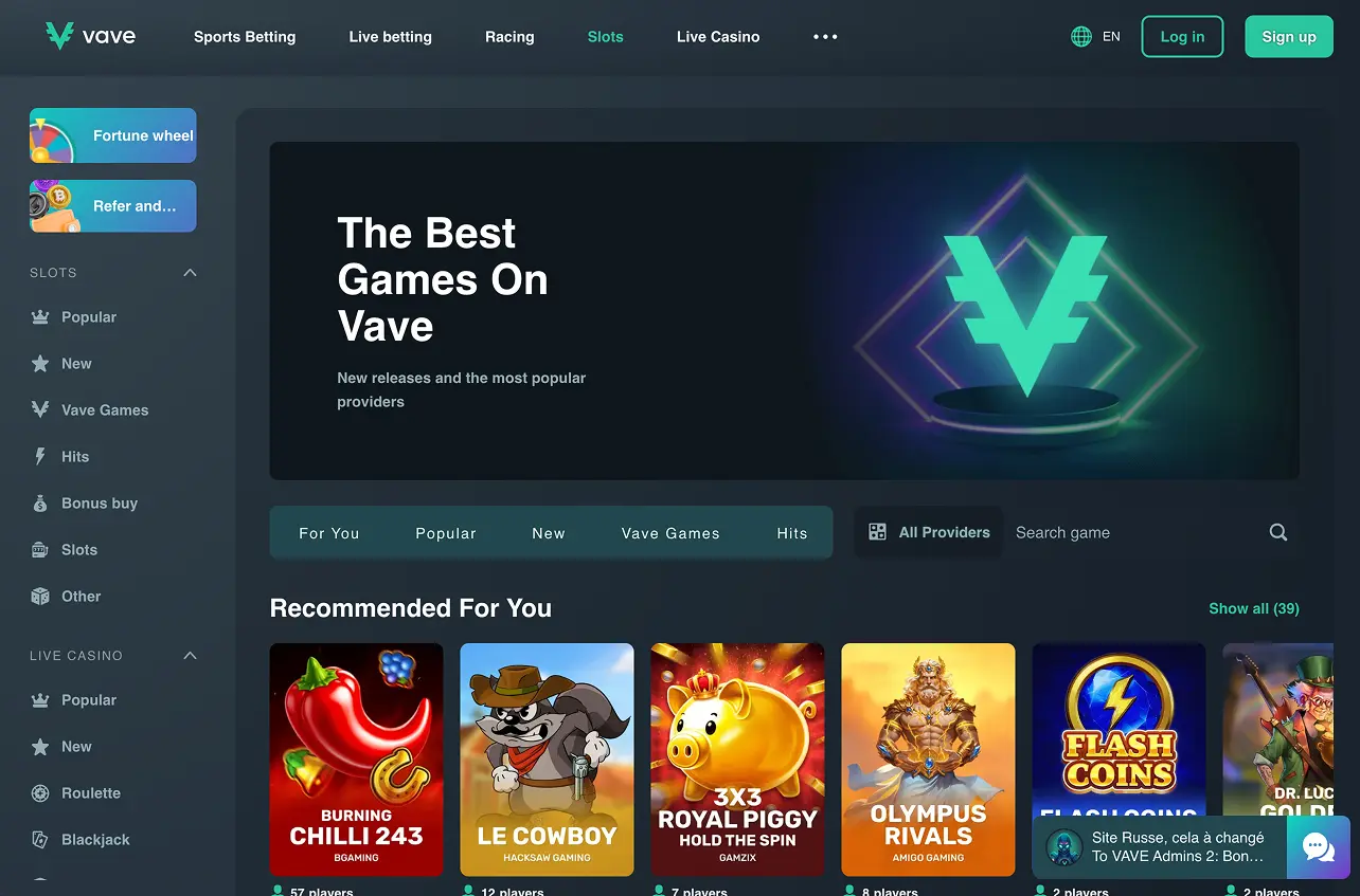 Vave slots lobby with provider filter, Vave Games tab, and featured slot grid on desktop