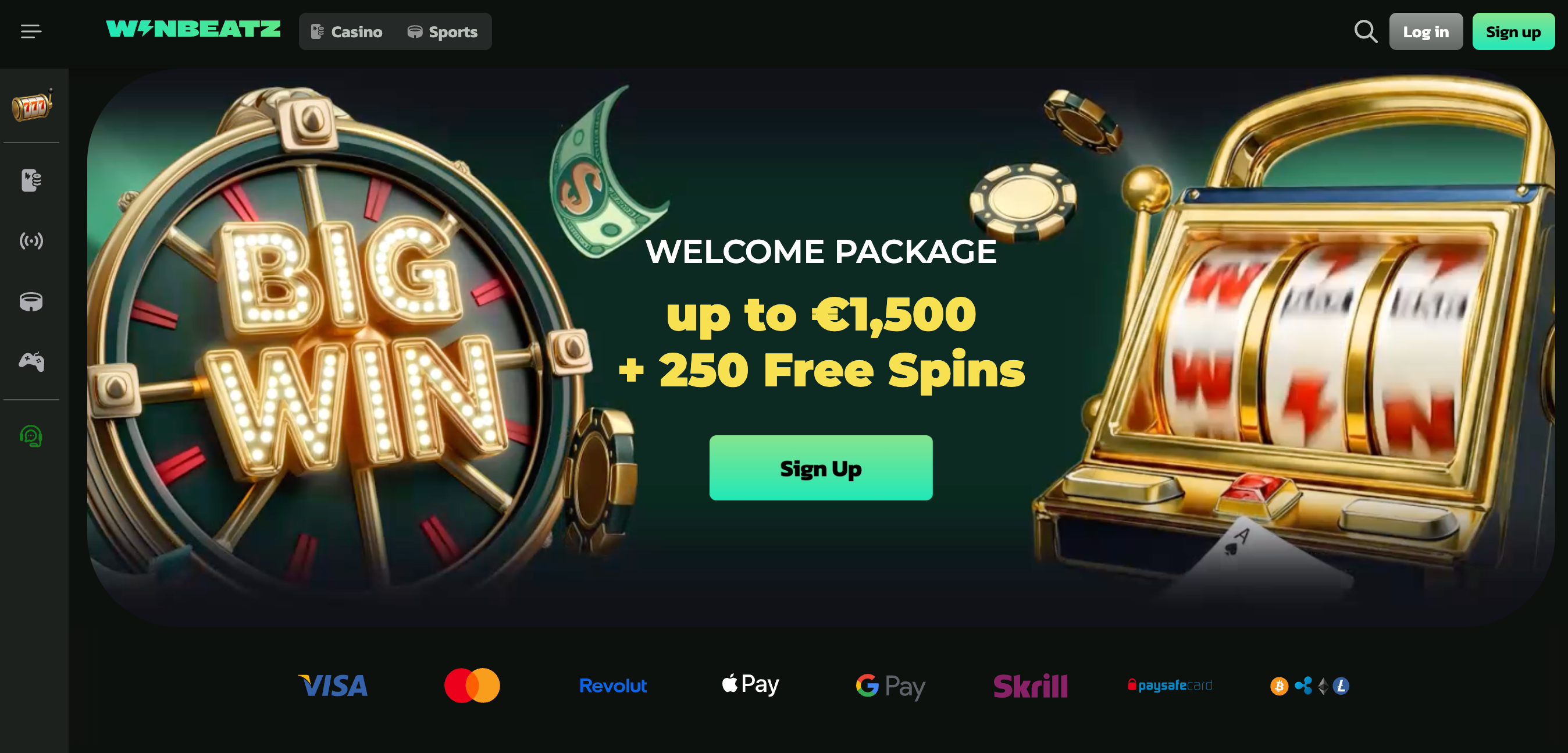 Winbeatz homepage hero showing the welcome package, payment icons, and sportsbook-casino navigation